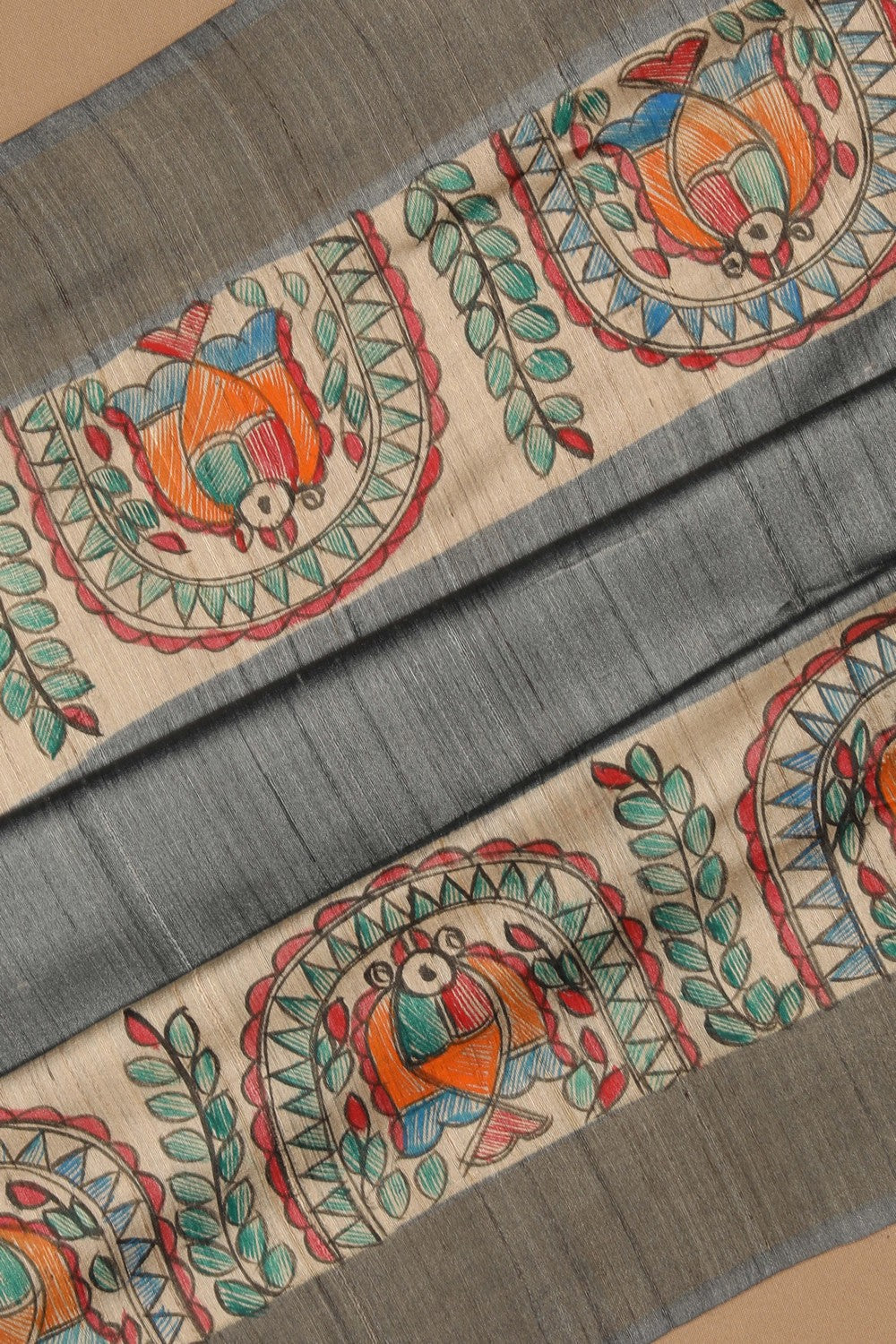 Image of Madhubani Tussar Silk Grey Saree